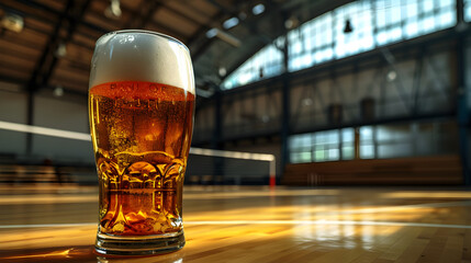 Cinematic wide angle photograph of a beer pint glass at a volleyball stadium. Product photography.