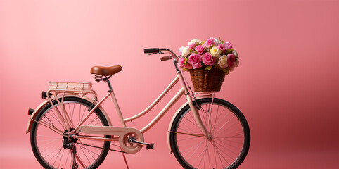 Pink bicycle with roses parked next to pink wall Pink tone with space