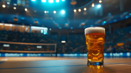Cinematic wide angle photograph of a beer pint glass at a volleyball stadium. Product photography. - obrazy, fototapety, plakaty