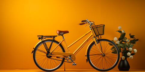 Yellow bicycle with flowers parked next to a yellow wall. Yellow tone has space.