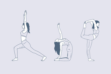 Set of outline illustrations of yoga meditation