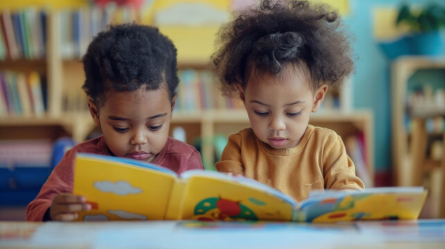 Two black children read book in kindergarten