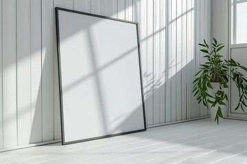 thin a3 sized frame mockup leaning against a white wooden wall, reflections of windows, tilted side view