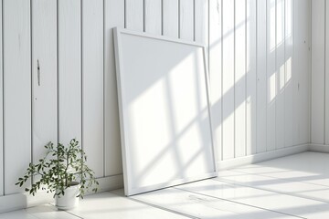 thin a3 sized frame mockup leaning against a white wooden wall, reflections of windows, tilted side view - obrazy, fototapety, plakaty