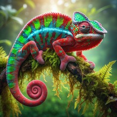 colorful chameleon perched on a mossy branch. The chameleon displays a vibrant mix of red, green, and blue scales, showcasing its ability to change colors