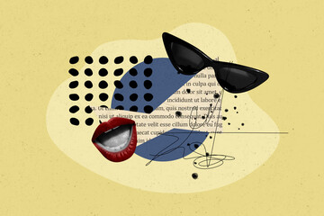 Photo collage picture woman face part element fragment red lips lipstick sunglass book page literature story novel bizarre concept