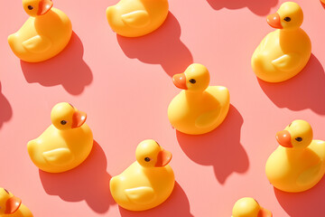 Creative pattern made with yellow rubber duckies on pink background. Surreal bathing concept. Retro style aesthetic idea.