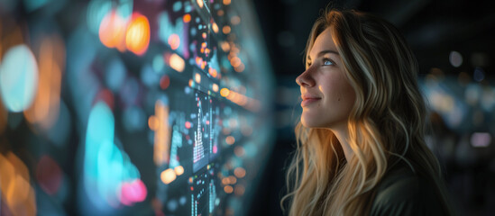 Contemplative woman in data center gazes at illuminated screens, reflecting on analytics

