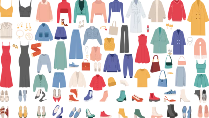 Fotobehang set of clothes and shoes, jewelry in flat style vector © zolotons
