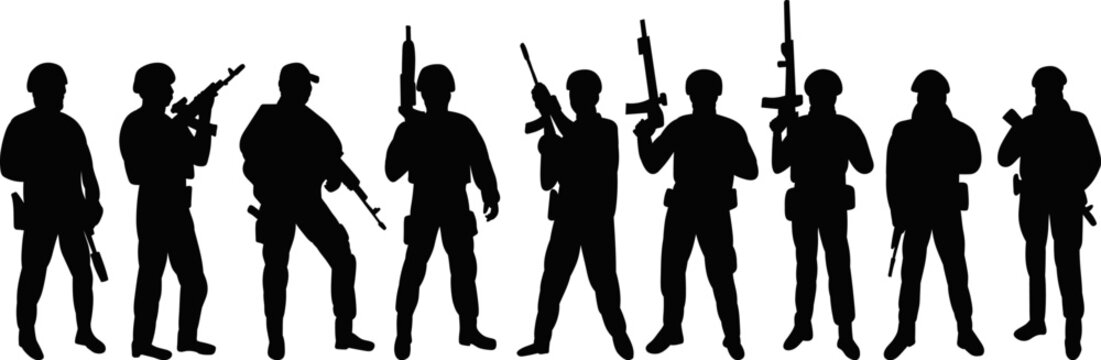 military set, soldiers with weapons silhouette set on white background vector