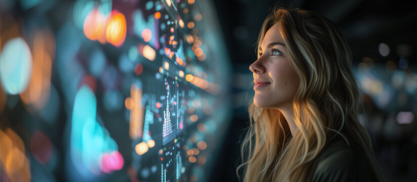 Contemplative woman in data center gazes at illuminated screens, reflecting on analytics