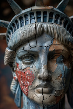 The statue of liberty has a cracked face and is painted with the American flag.