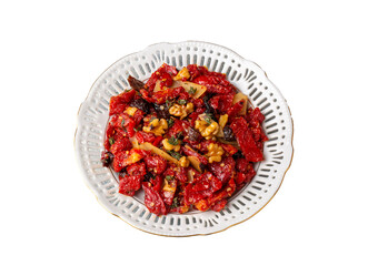 Traditional, delicious Turkish appetizers; Dried tomato appetizer salad with walnuts (Turkish name; Kurutulmus domates mezesi salatasi)