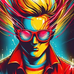 a colorful, abstract artwork featuring a stylized character. The character has yellow skin, with red and blue shading on the face, and is wearing a red shirt or jacket - obrazy, fototapety, plakaty