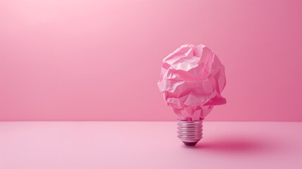 Crumpled paper light bulb on pastel pink background. Pink ECO energy idea concept. Copy space.	 - obrazy, fototapety, plakaty
