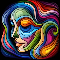 a colorful, abstract representation of a woman’s face that incorporates elements from nature, such as flowers, leaves, or animals