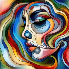 A colorful, abstract representation of a woman's face
