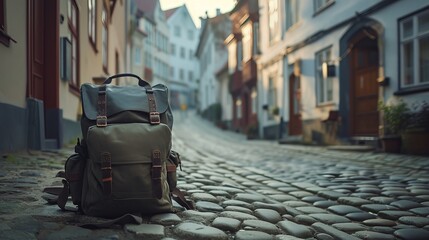 European Cobblestone Street with Backpack