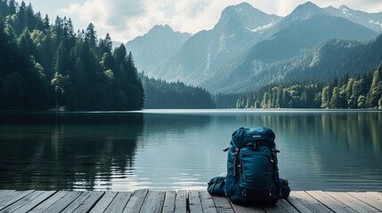 Fototapeta premium Serene mountain lake with backpack on wooden pier