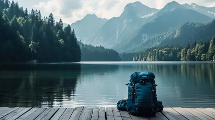 Keuken spatwand met foto Serene mountain lake with backpack on wooden pier © AlissaAnn
