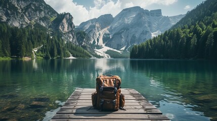Serene mountain lake with backpack on wooden pier - obrazy, fototapety, plakaty
