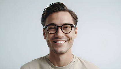 Portrait of young smiling man wearing glasses isolated on white background with space for inscriptions or text.generative ai