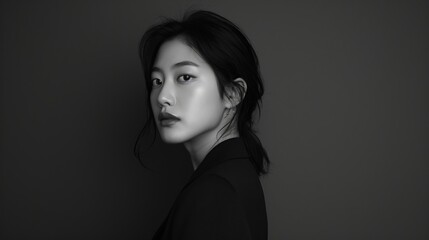 Confident Korean Woman in Stylish Black and White Ensemble