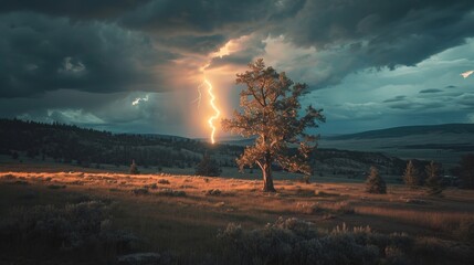Dramatic Lightning Strike in Remote Wilderness Area - obrazy, fototapety, plakaty
