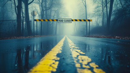 wet road with a prominent "ROAD CLOSED" sign hanging across it
