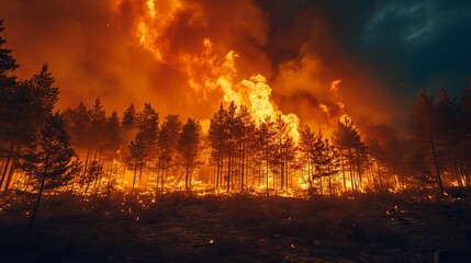 Dramatic Wildfire in a Dense Forest - obrazy, fototapety, plakaty