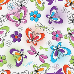Vector seamless floral pattern butterflies and fowers in doodle style on a white background with colorful spots