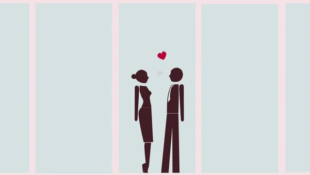 Love, man and woman in animation graphic with heart icon on valentines day, meeting or connection. Illustration, romantic partnership or couple walking in digital relationship together on online date