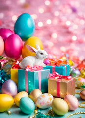Fototapeta na wymiar Easter eggs and gift box present. Selective focus.