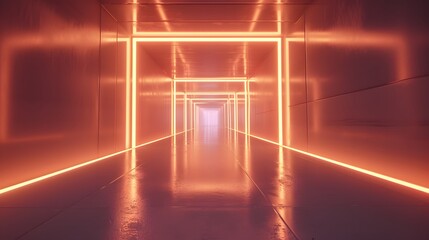 Square tunnel color neon glowing lights. Laser lines and LED technology create glow in dark room. copy space, wallpaper, mockup.