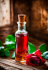 Obraz na płótnie Canvas rose essential oil in a bottle. Selective focus.