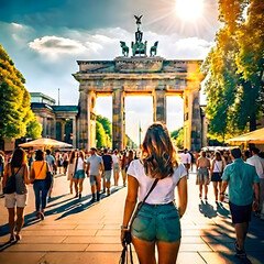 A woman in front of Berlin's Brandenburg Gate (created by an AI) - obrazy, fototapety, plakaty