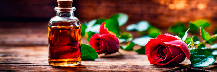 rose essential oil in a bottle. Selective focus. - obrazy, fototapety, plakaty
