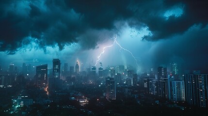 Electric Storm Over City - obrazy, fototapety, plakaty