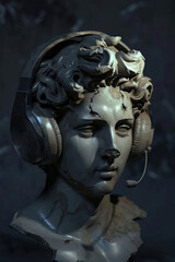A classical sculpture with headphones, blending ancient art and contemporary music