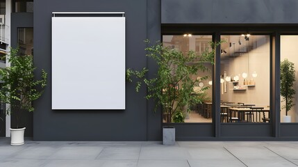 Blank whiteboard on the wall in front of coffee shop, near the the entrance glass door. restaurant, outdoors. front view. copy space, mockup product.