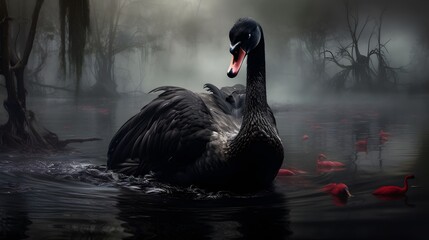 black swan on the lake in spring - obrazy, fototapety, plakaty