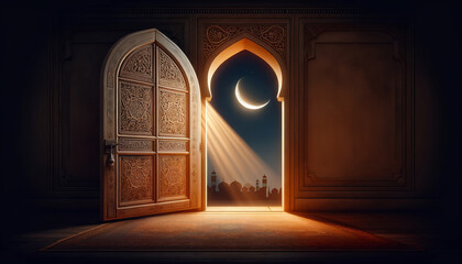 an intricately carved traditional wooden door standing open with light pouring out, against a dark background to symbolize the beginning of Ramadan - obrazy, fototapety, plakaty