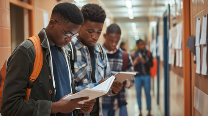 Garoto afro lendo um livro no corredor da escola