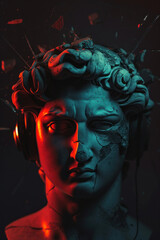 A classical sculpture with headphones, blending ancient art and contemporary music