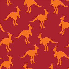 Vector flat illustration with silhouette kangaroo and baby kangaroo on fiery background. Seamless pattern on orange background. Design for card, poster, fabric, textile. Pray for Australia and animals
