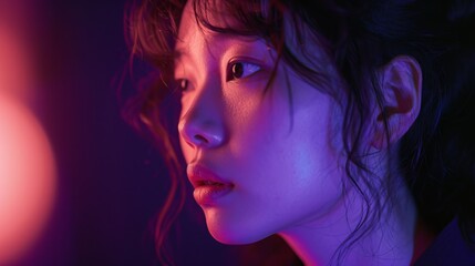 Fototapeta premium Korean Woman with Casual Attire on Deep Purple Background