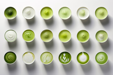 Assortment of matcha tea in cups on white background. Top view