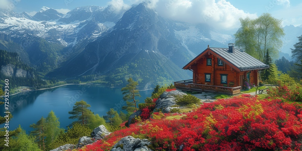 Wall mural A tranquil village set in an alpine landscape, with crystal clear waters reflecting the snow-capped peaks and blue sky above. - Wall murals