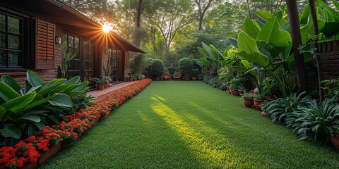 A beautifully landscaped yard filled with sunlight, colorful flowers, lush grass and leafy trees creating a calm and inviting outdoor space.