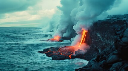 Erupting volcano with lava flowing into the ocean